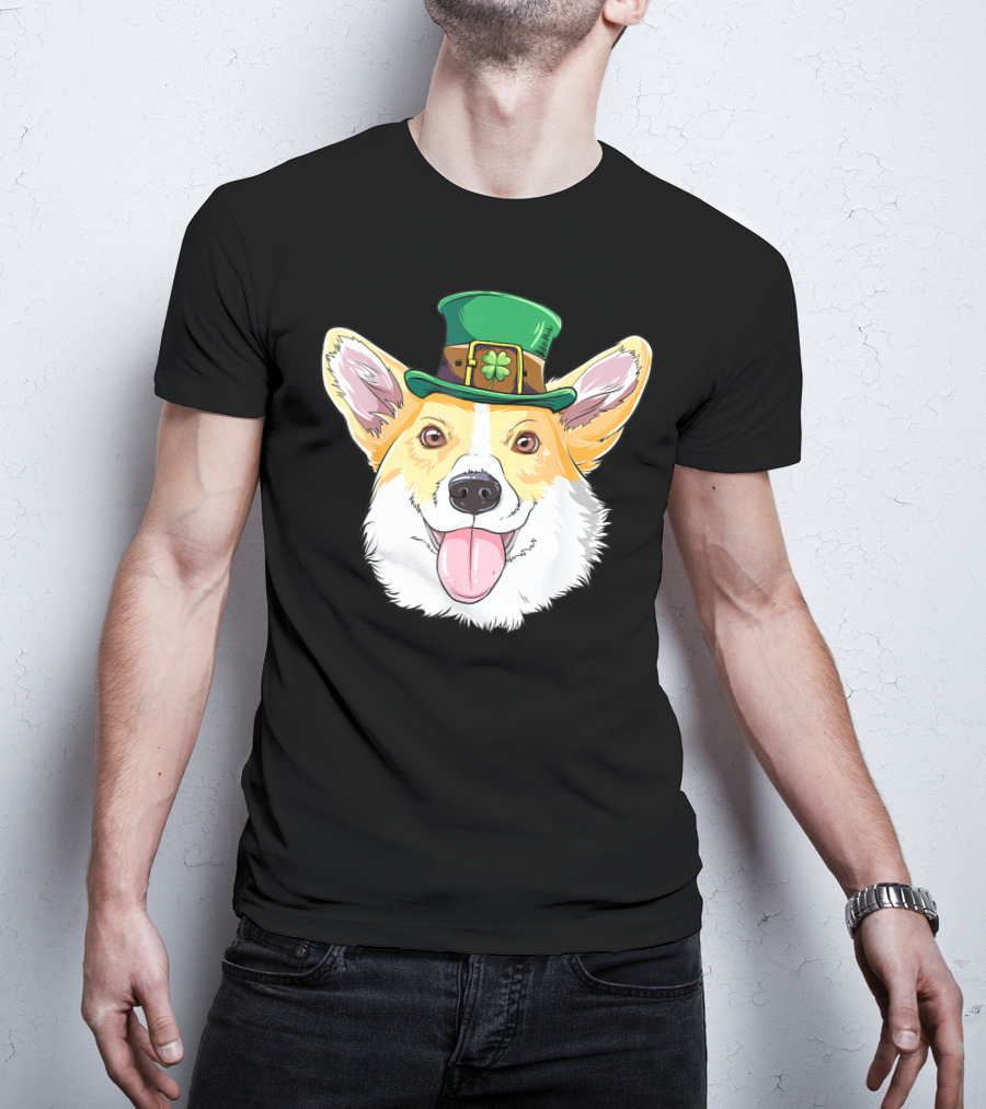 Lucky Corgi With Leprechaun Hat And Shamrock Charm T-Shirt