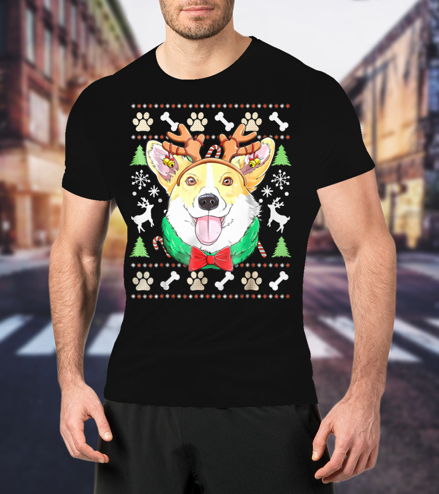 Corgi Christmas Reindeer Antlers Dog Ugly Sweater Xmas Girls T-Shirt
