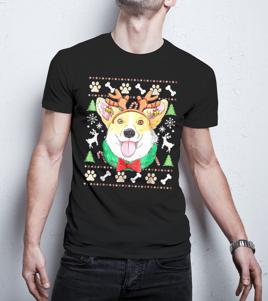 Corgi Christmas Reindeer Antlers Dog Ugly Sweater Xmas Girls T-Shirt