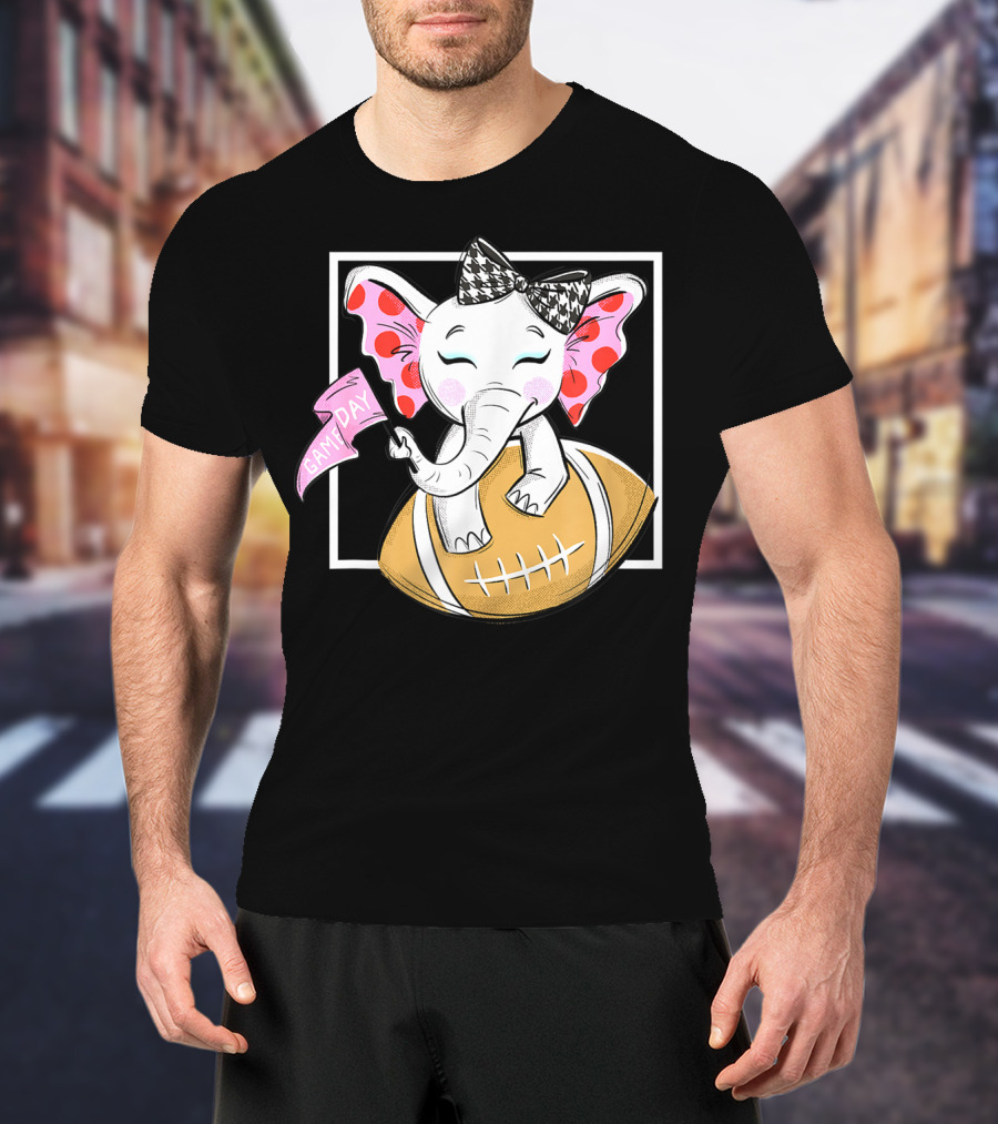 Game Day Elephant With Pink Flag And Houndstooth Bow On Football For Women And Girls Football T-Shirt