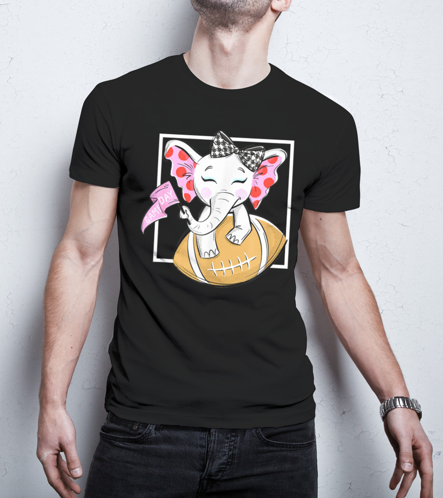 Game Day Elephant With Pink Flag And Houndstooth Bow On Football For Women And Girls Football T-Shirt
