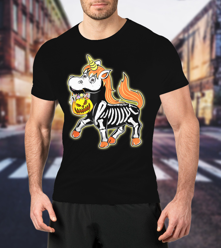 Skeleton Unicorn With Pumpkin Basket T-Shirt