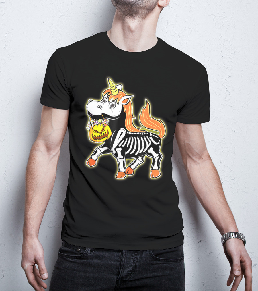 Skeleton Unicorn With Pumpkin Basket T-Shirt