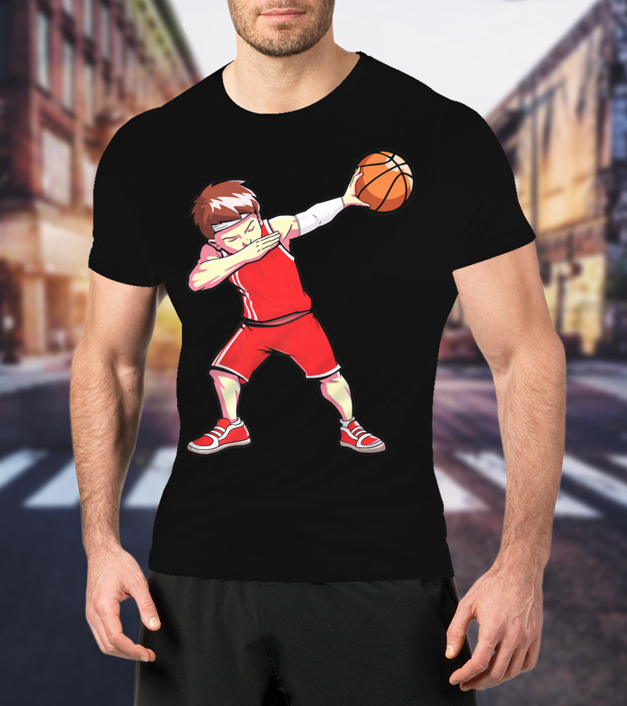 Dabbing Basketball Boy Dab Dance Player In Red Uniform Holding Ball T-Shirt
