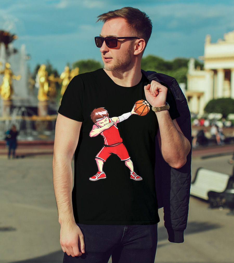 Dabbing Basketball Boy Dab Dance Player In Red Uniform Holding Ball T-Shirt