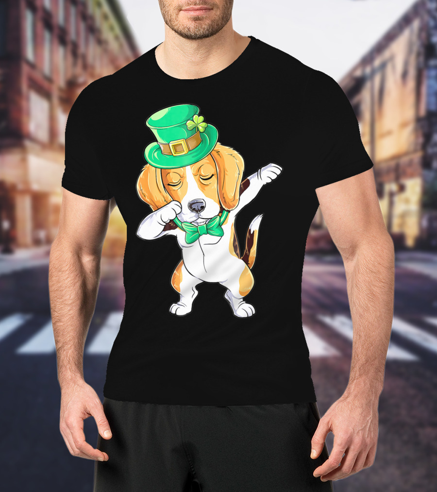Dabbing Beagle In St Patricks Day Leprechaun Hat And Bowtie T-Shirt
