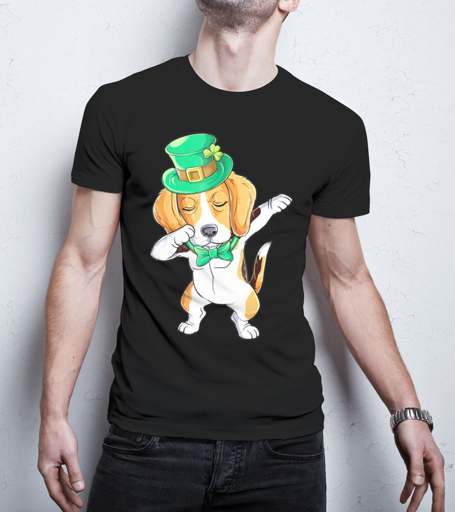 Dabbing Beagle In St Patricks Day Leprechaun Hat And Bowtie T-Shirt