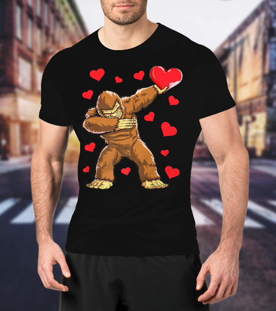 Dabbing Bigfoot With Heart Valentine's Day Boys Men Love T-Shirt