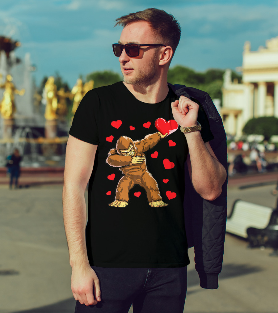 Dabbing Bigfoot With Heart Valentine's Day Boys Men Love T-Shirt