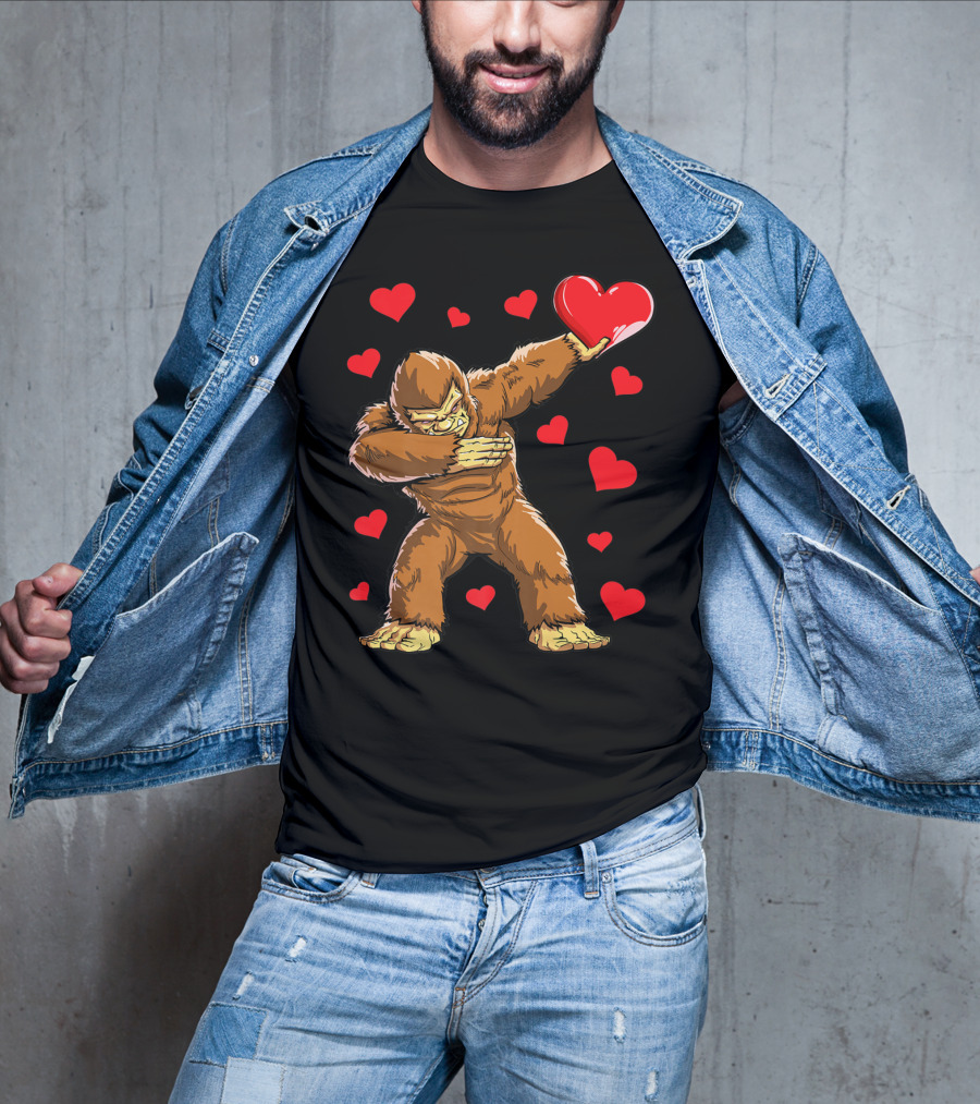 Dabbing Bigfoot With Heart Valentine's Day Boys Men Love T-Shirt