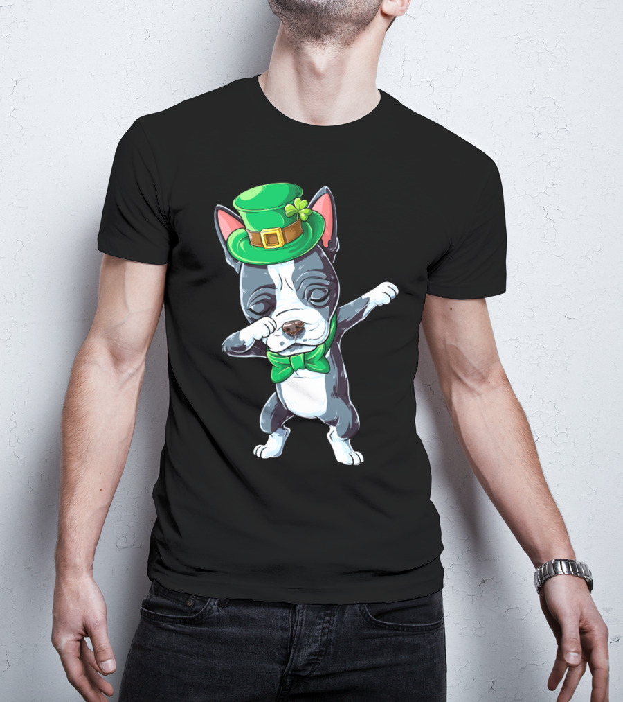 Dabbing Boston Terrier St Patricks Day Leprechaun Green Hat Bow Tie T-Shirt