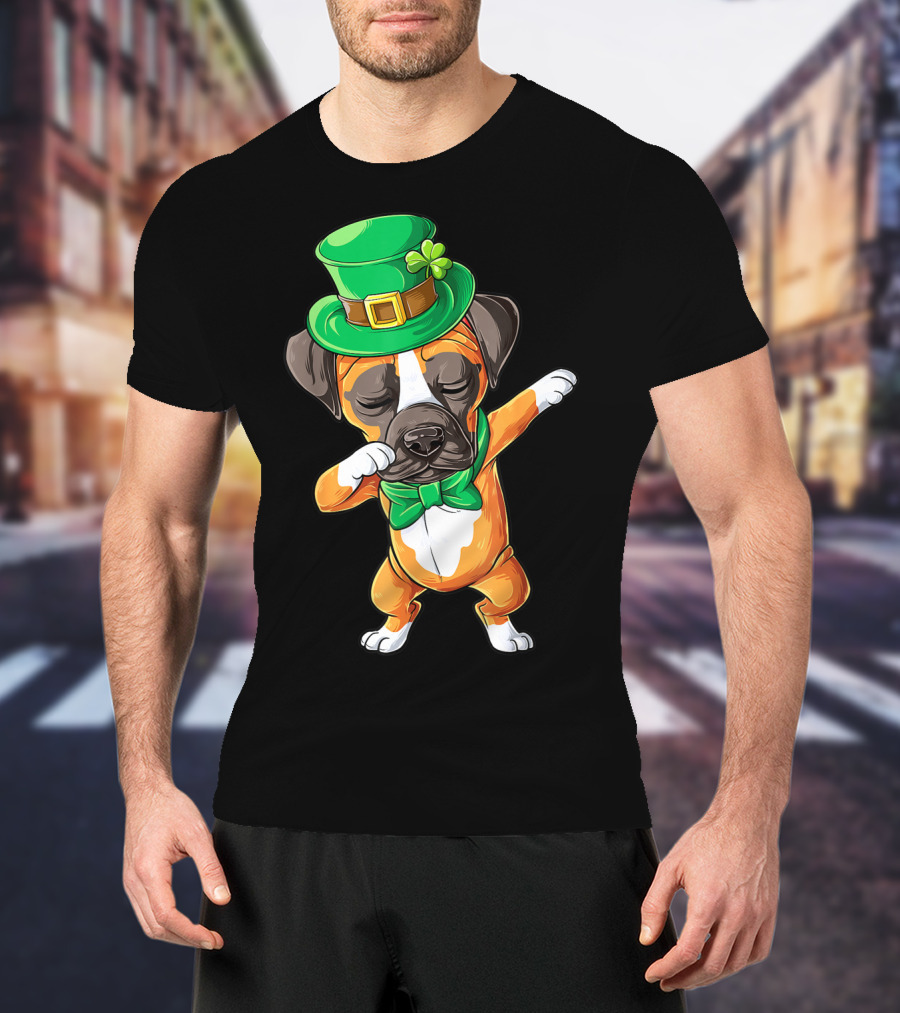 St Patricks Day Dabbing Leprechaun Boxer Dog Boys T-Shirt
