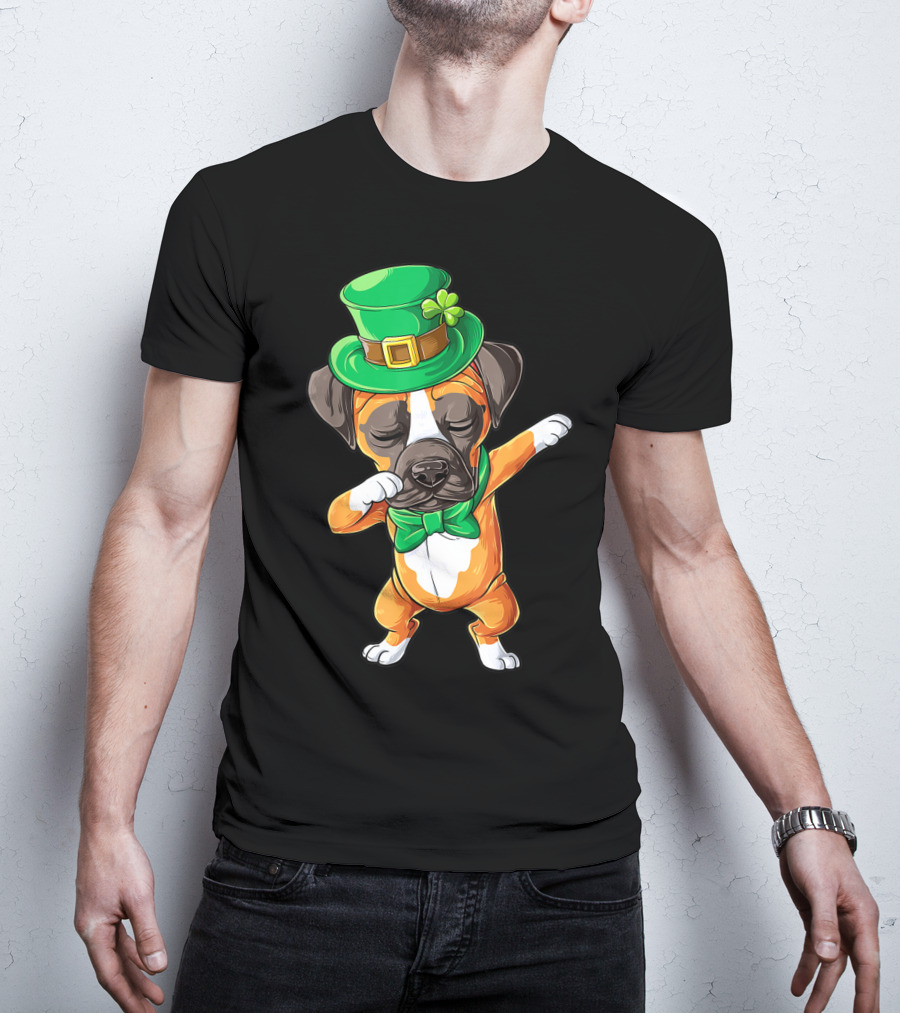 St Patricks Day Dabbing Leprechaun Boxer Dog Boys T-Shirt