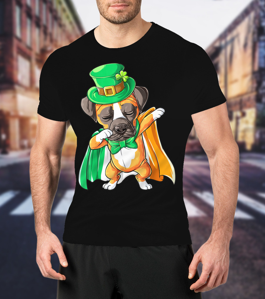 Dabbing Boxer Puppy St Patricks Day Leprechaun Costume Irish Flag T-Shirt