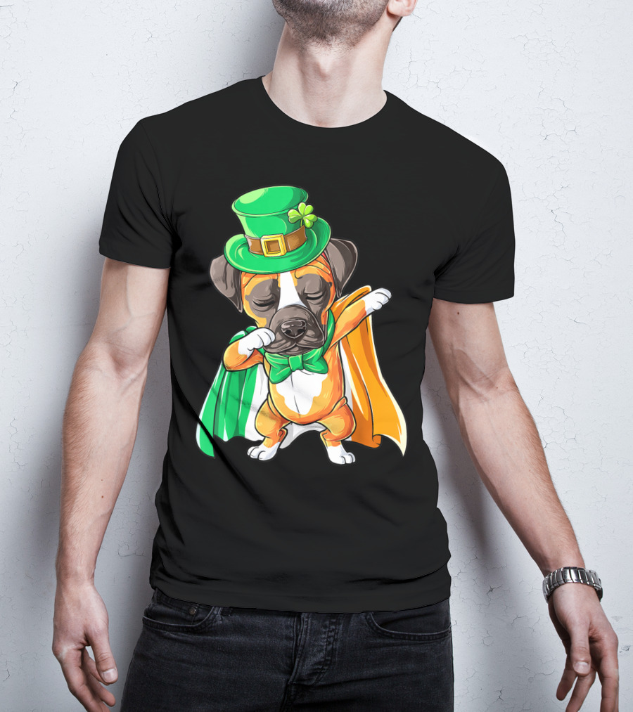 Dabbing Boxer Puppy St Patricks Day Leprechaun Costume Irish Flag T-Shirt