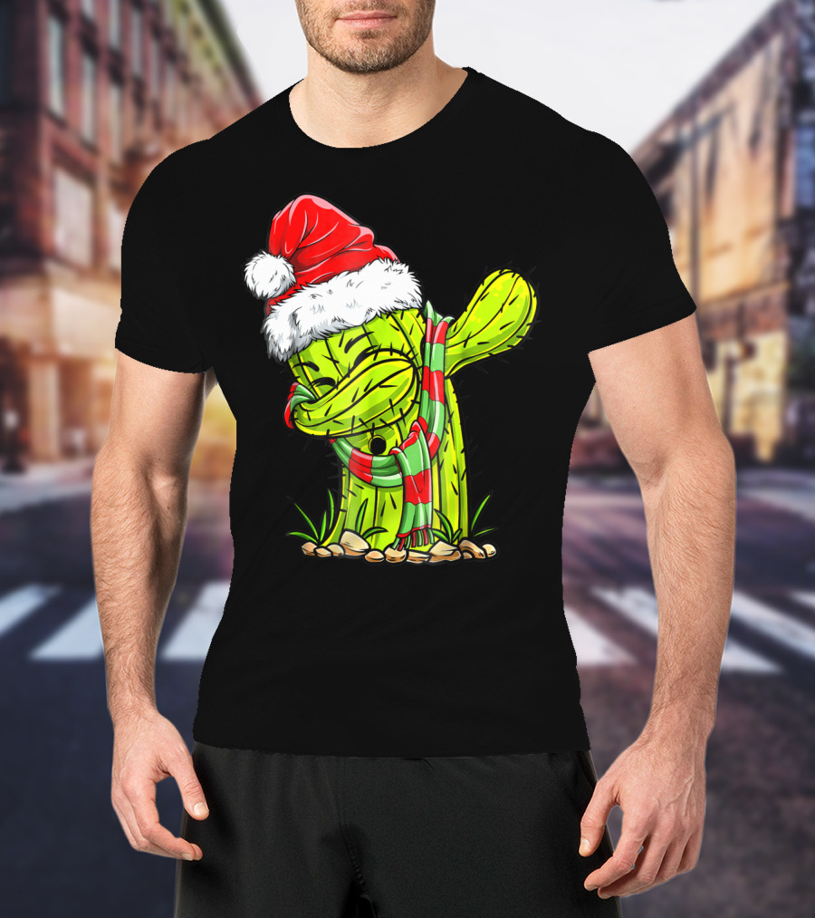 Dabbing Cactus Santa Christmas Hat And Scarf T-Shirt