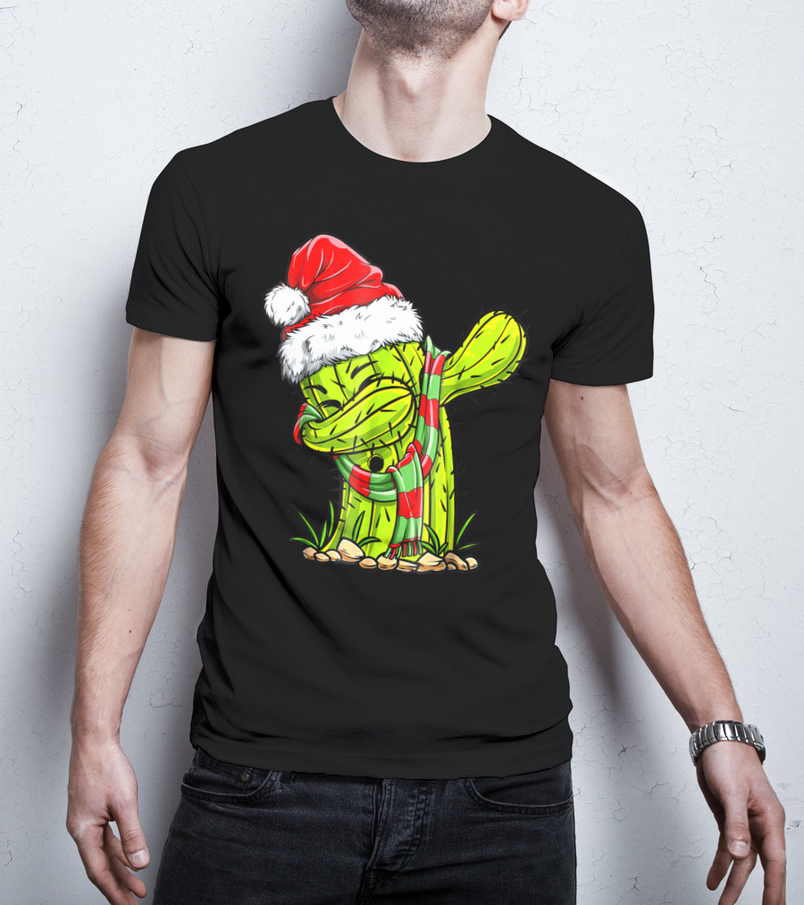 Dabbing Cactus Santa Christmas Hat And Scarf T-Shirt
