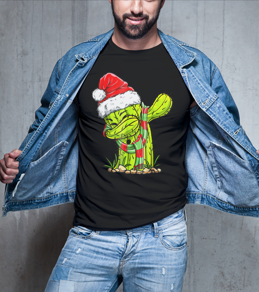 Dabbing Cactus Santa Christmas Hat And Scarf T-Shirt