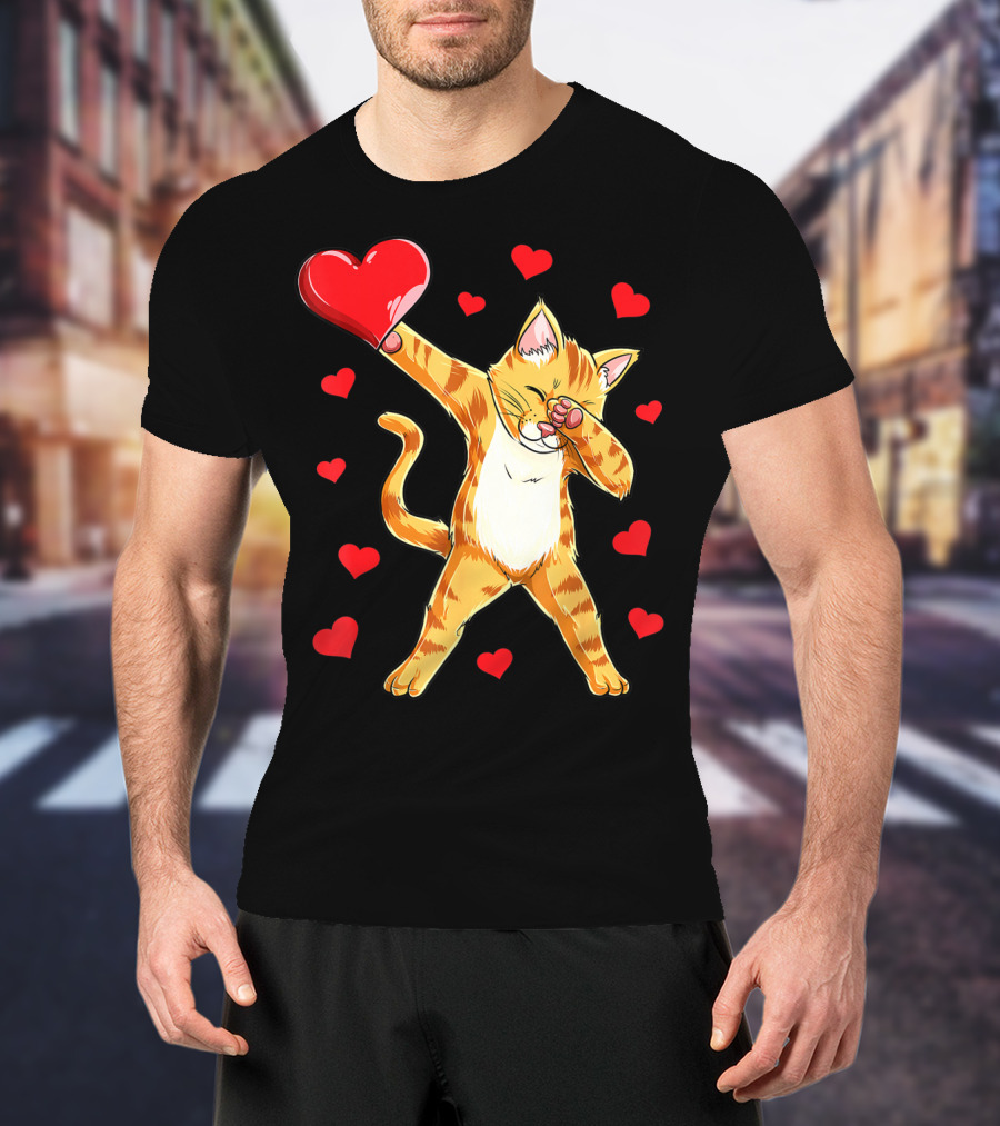 Cute Dabbing Cat With Hearts For Valentine's Day Kitten Lovers T-Shirt