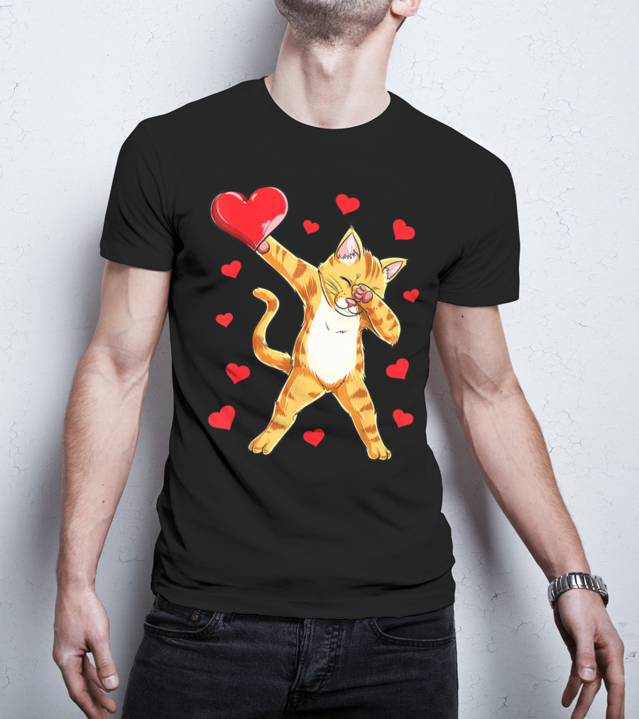 Cute Dabbing Cat With Hearts For Valentine's Day Kitten Lovers T-Shirt