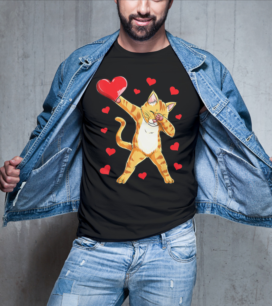 Cute Dabbing Cat With Hearts For Valentine's Day Kitten Lovers T-Shirt