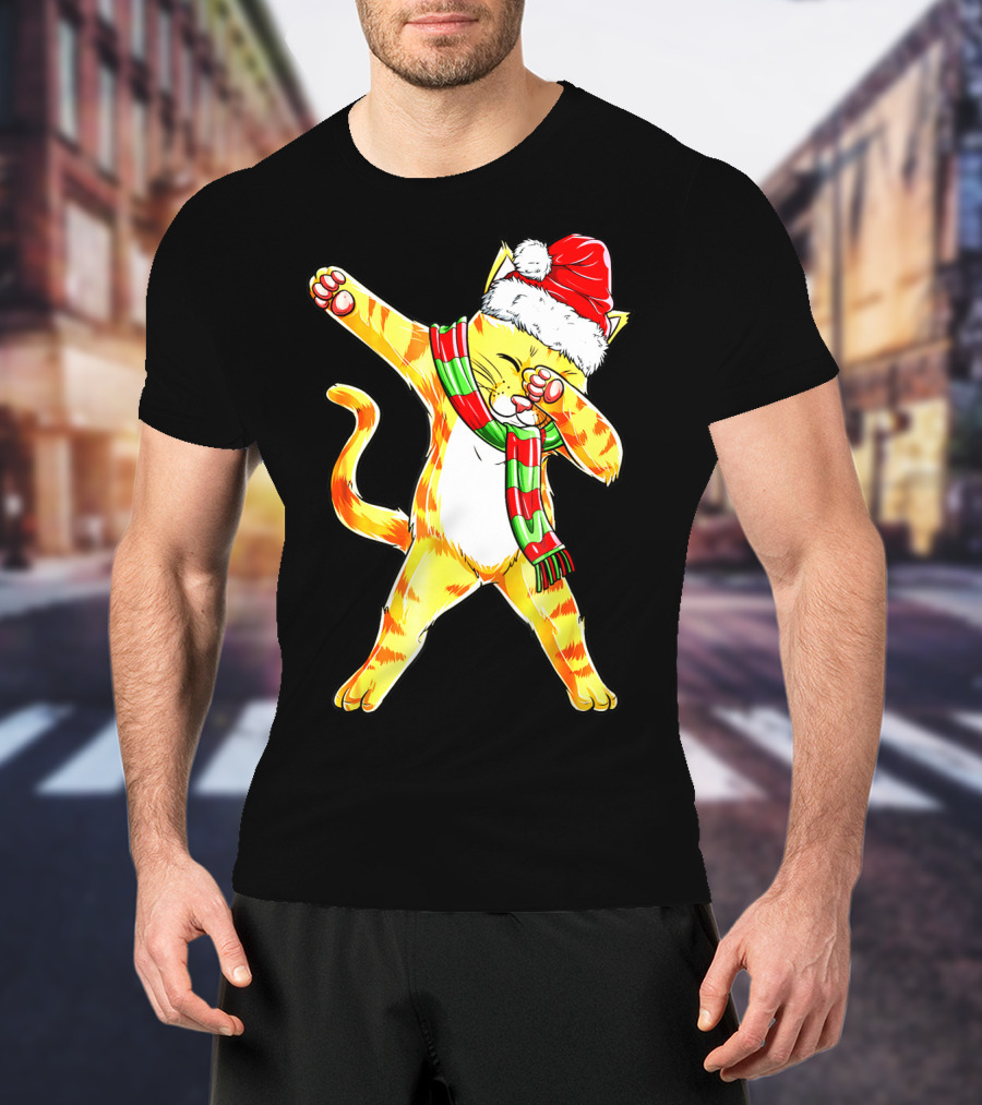 Dabbing Cat Santa With Festive Hat And Scarf T-Shirt