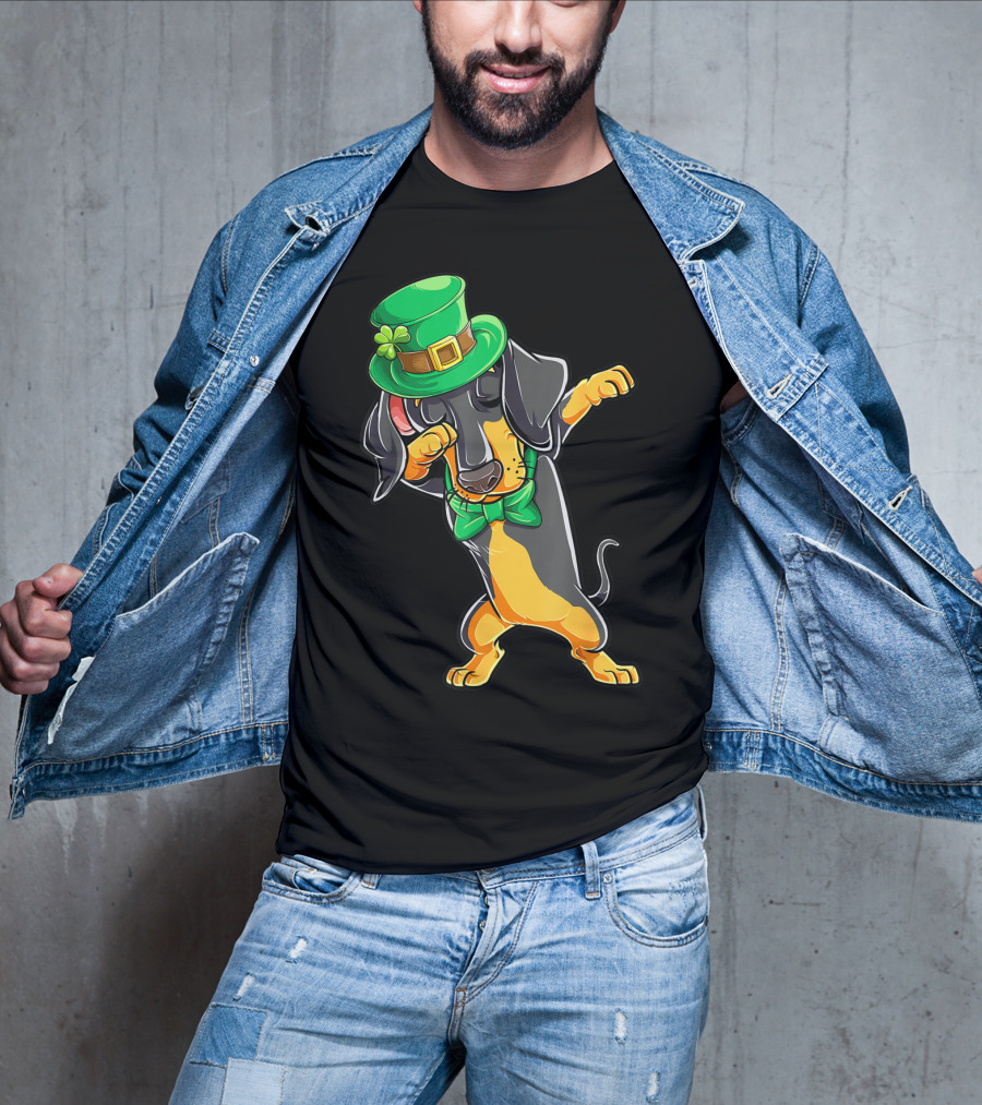 Dabbing Dachshund St Patricks Day Leprechaun Hat And Bow Tie T-Shirt