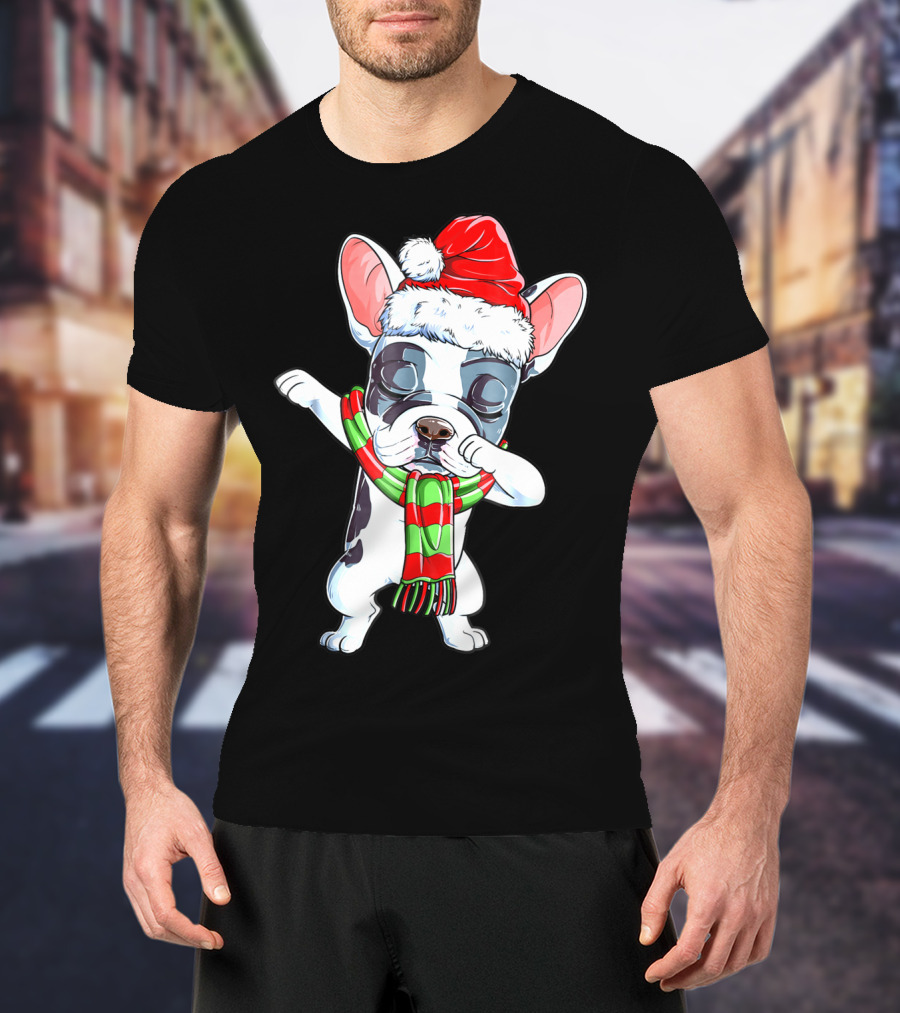 Dabbing French Bulldog Santa Christmas Scarf T-Shirt