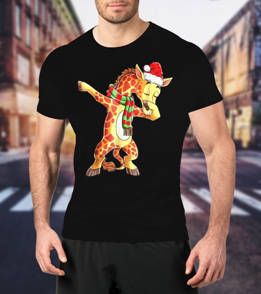 Dabbing Giraffe Santa With Christmas Hat And Scarf T-Shirt