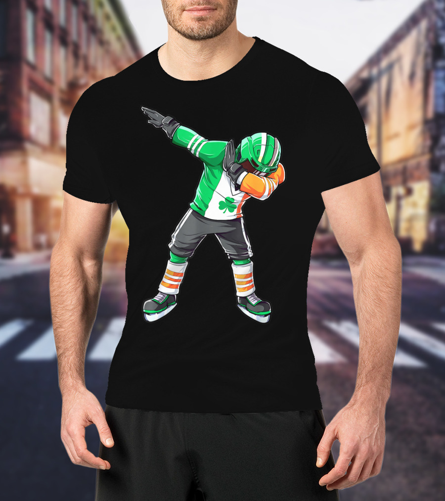 St Patricks Day Ireland Flag Dabbing Hockey Player Irish Shamrock T-Shirt