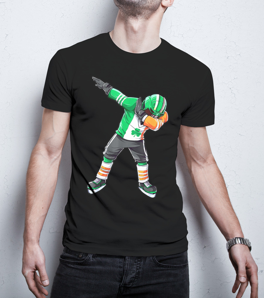 St Patricks Day Ireland Flag Dabbing Hockey Player Irish Shamrock T-Shirt