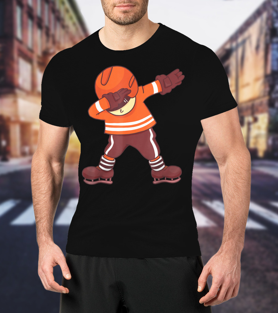 Dabbing Ice Hockey Player In Orange Gear With Striped Legs T-Shirt