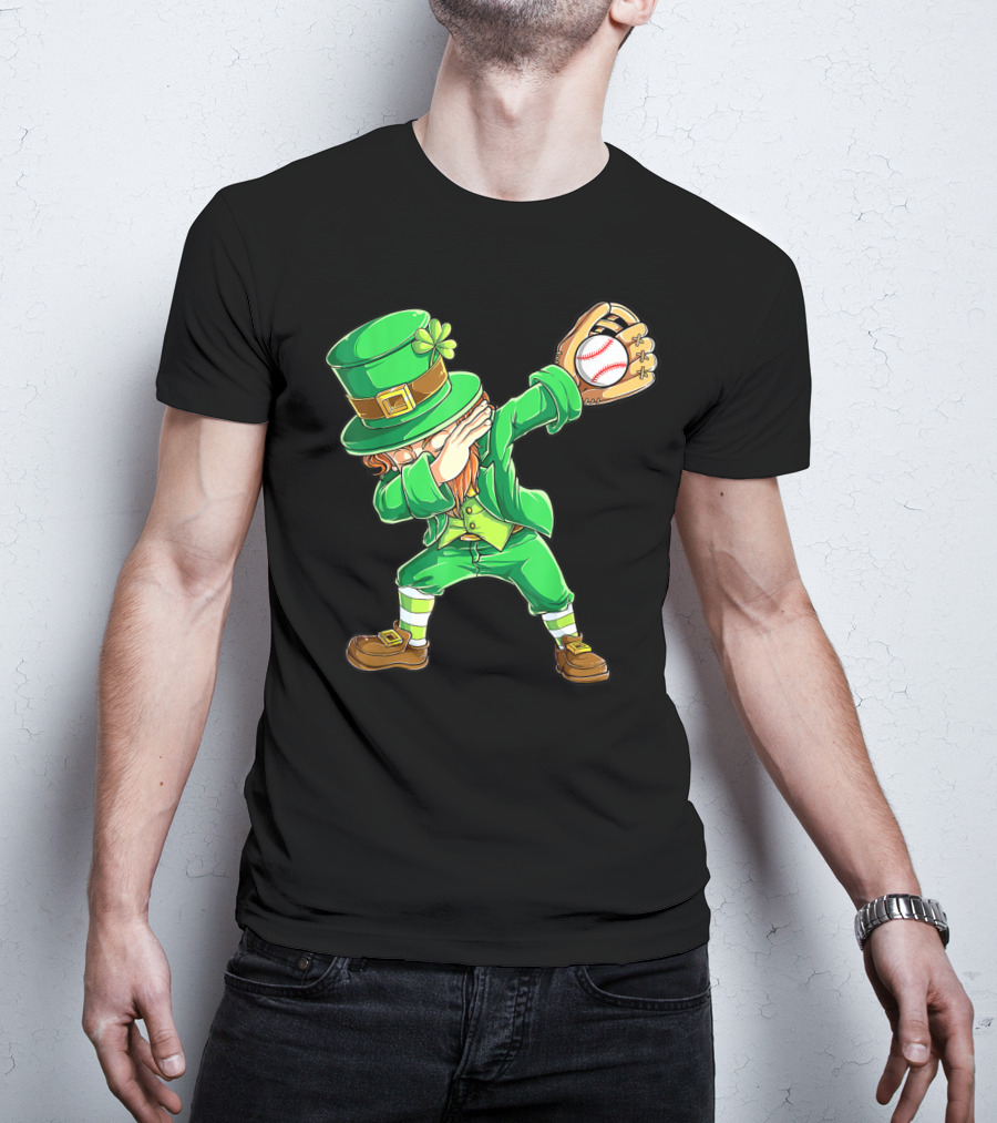 Dabbing Leprechaun Holding Baseball Glove T-Shirt