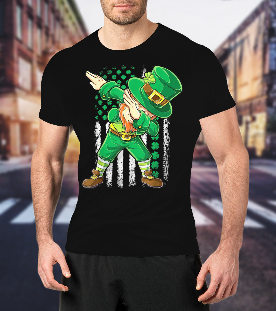 Dabbing Leprechaun With Irish American Flag Background And Shamrocks T-Shirt