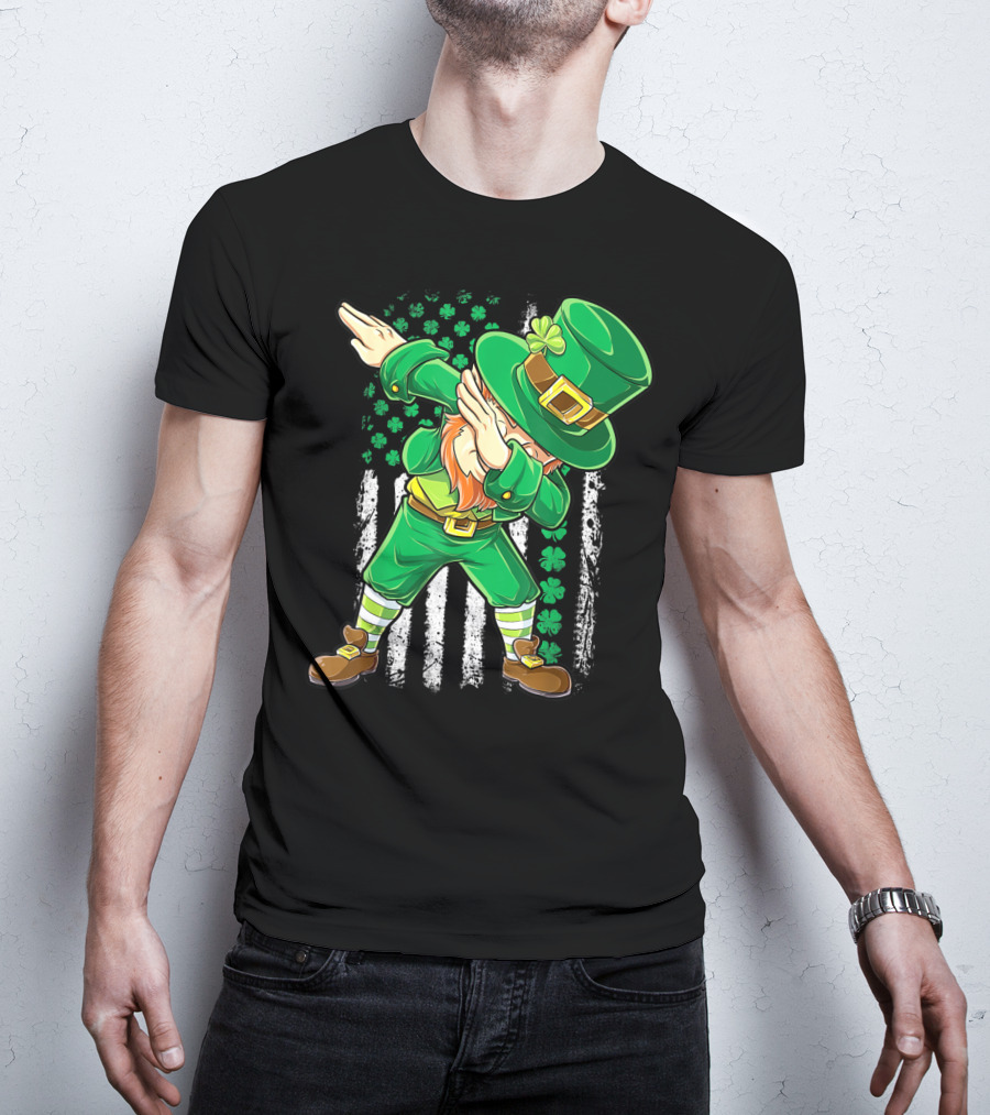 Dabbing Leprechaun With Irish American Flag Background And Shamrocks T-Shirt
