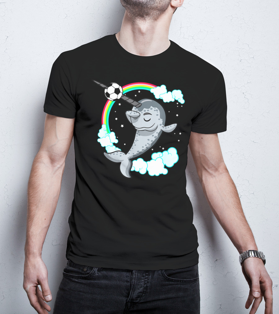 Dabbing Narwhal Soccer Rainbow Clouds Stars T-Shirt