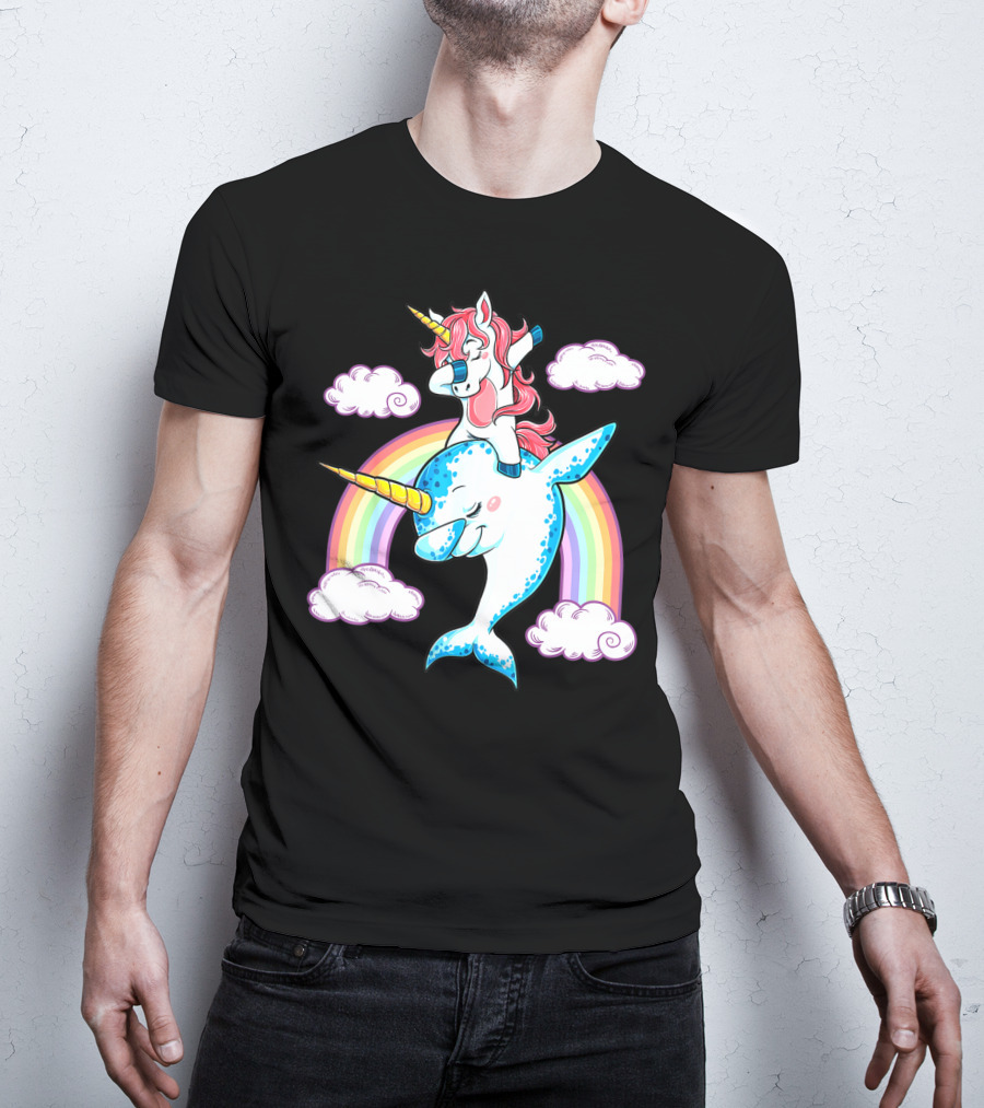 Dabbing Narwhal Unicorn Kids Rainbow Clouds Dab Squad T-Shirt