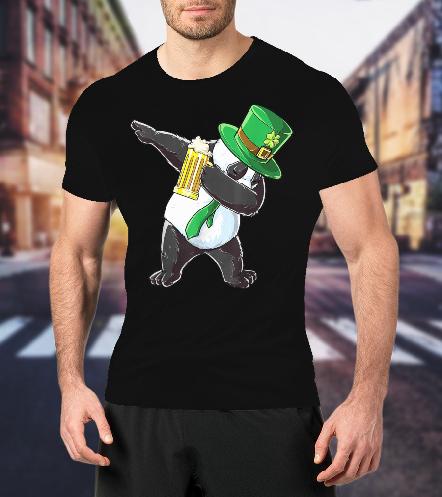 Dabbing Panda With Green Leprechaun Hat And Beer T-Shirt