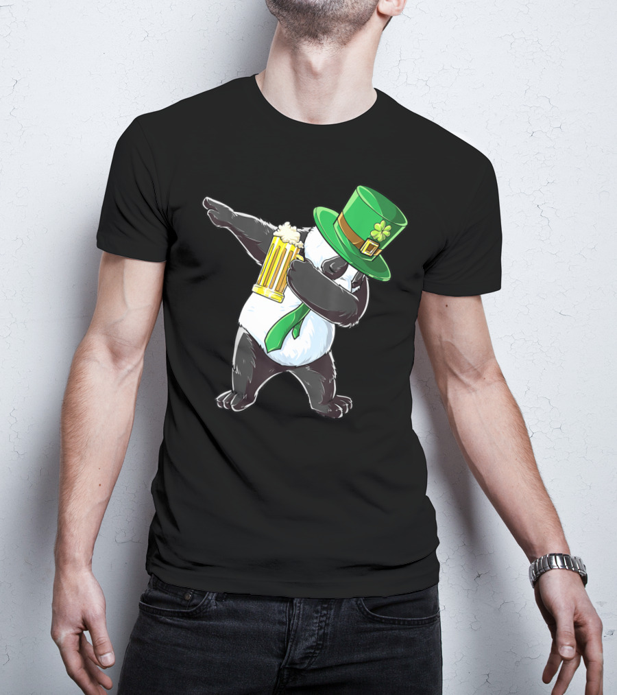 Dabbing Panda With Green Leprechaun Hat And Beer T-Shirt