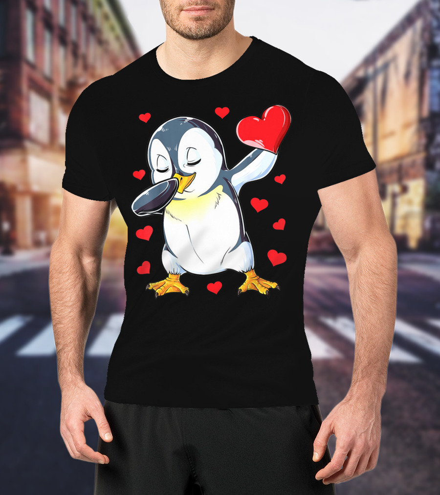 Dabbing Penguin Holding Heart Surrounded By Valentine Hearts T-Shirt