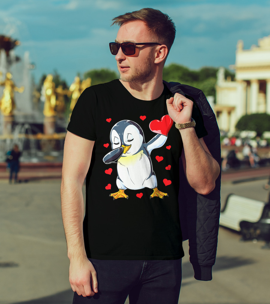 Dabbing Penguin Holding Heart Surrounded By Valentine Hearts T-Shirt