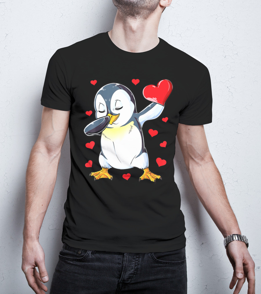 Dabbing Penguin Holding Heart Surrounded By Valentine Hearts T-Shirt