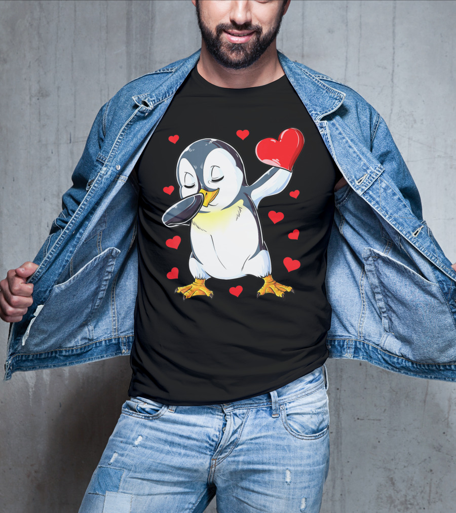 Dabbing Penguin Holding Heart Surrounded By Valentine Hearts T-Shirt