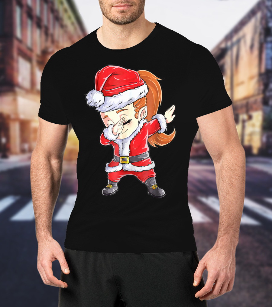 Dabbing Santa Christmas Girls Red Suit White Fur Black Boots T-Shirt