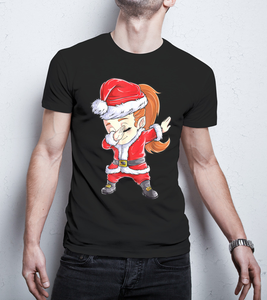 Dabbing Santa Christmas Girls Red Suit White Fur Black Boots T-Shirt