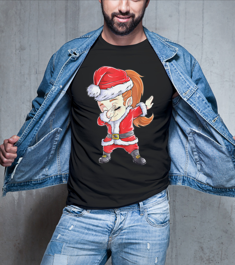 Dabbing Santa Christmas Girls Red Suit White Fur Black Boots T-Shirt