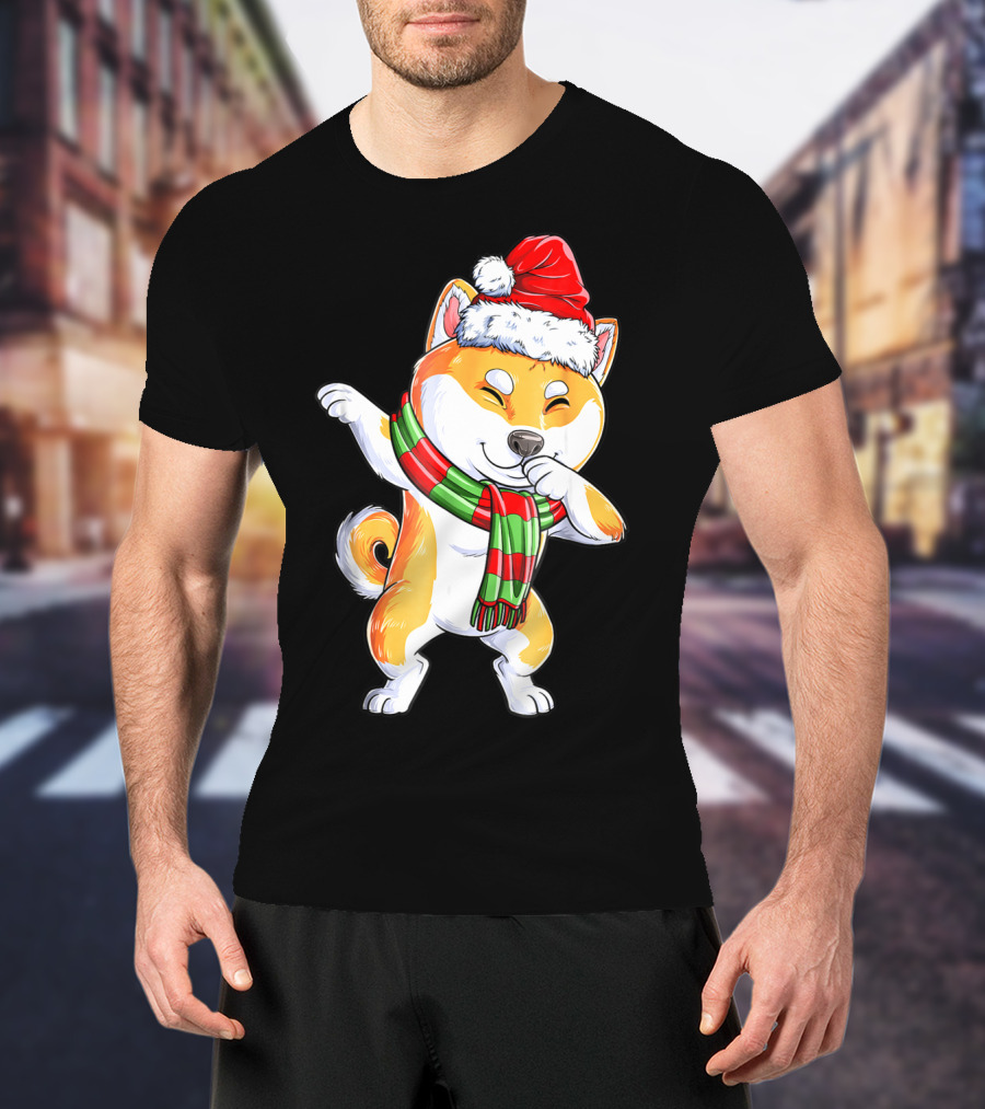Dabbing Shiba Inu Santa Christmas Scarf Dance T-Shirt