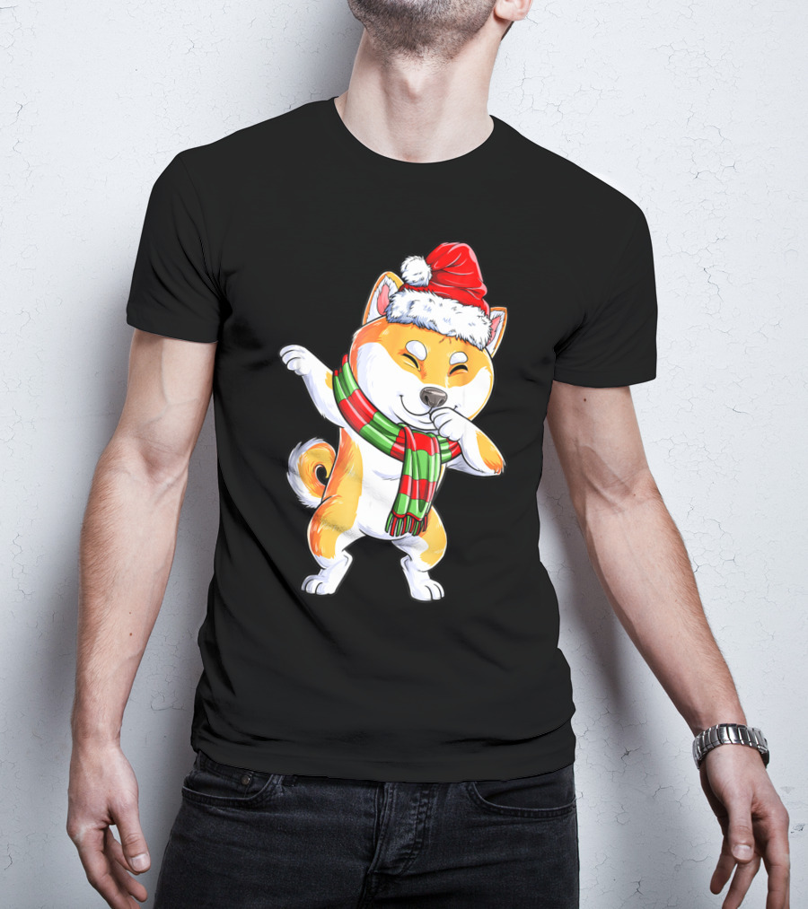 Dabbing Shiba Inu Santa Christmas Scarf Dance T-Shirt