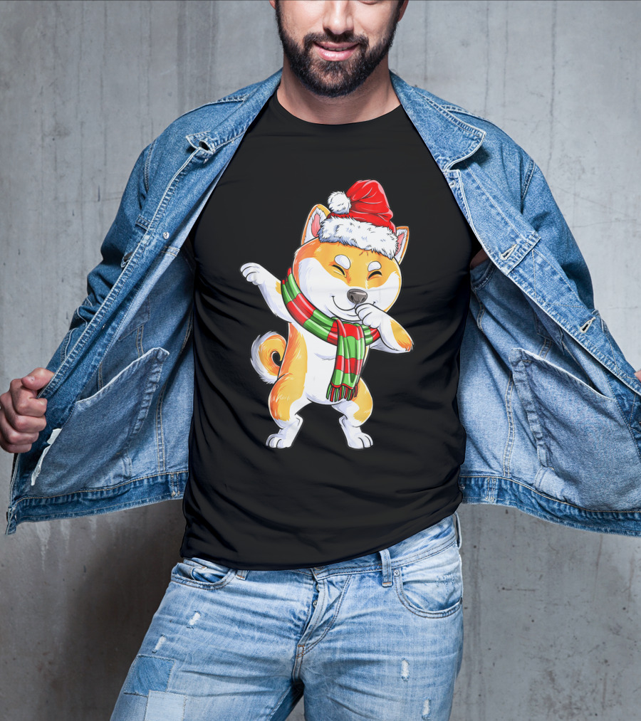 Dabbing Shiba Inu Santa Christmas Scarf Dance T-Shirt