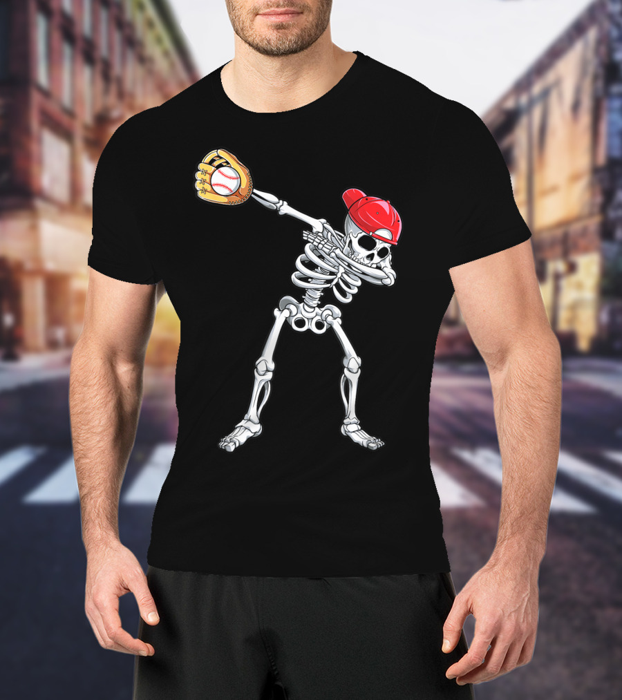 Dabbing Skeleton Baseball Halloween Boys Red Hat T-Shirt